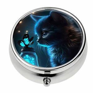Pill case, metallic, (cat themed) tiny little case (Diameter: 2”)